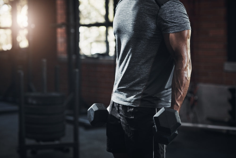 Mann trainiert mit Kurz Hanteln im Fitnessstudio