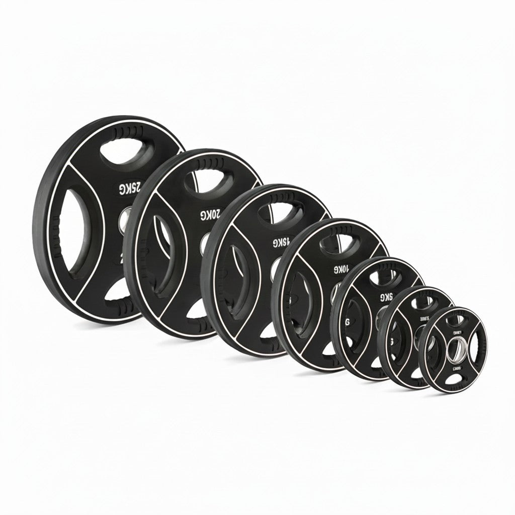 Vorteilspaket Polyurethan 4-Grip Hantelscheiben 50 mm – 125 kg SW
