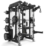 ATX® Multi Pull Smith Rack schräg von vorne mit Hantelscheiben