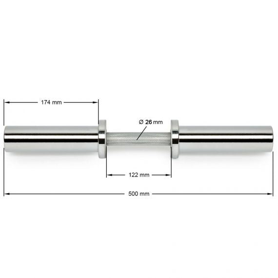 Kurzhantel mit Kugellagerung 50 mm - inkl. Verschlüsse Maße: Gesamtlänge: 510 mm; Griff-Innenmaß: 130 mm; Griffdurchmesser: 26 mm